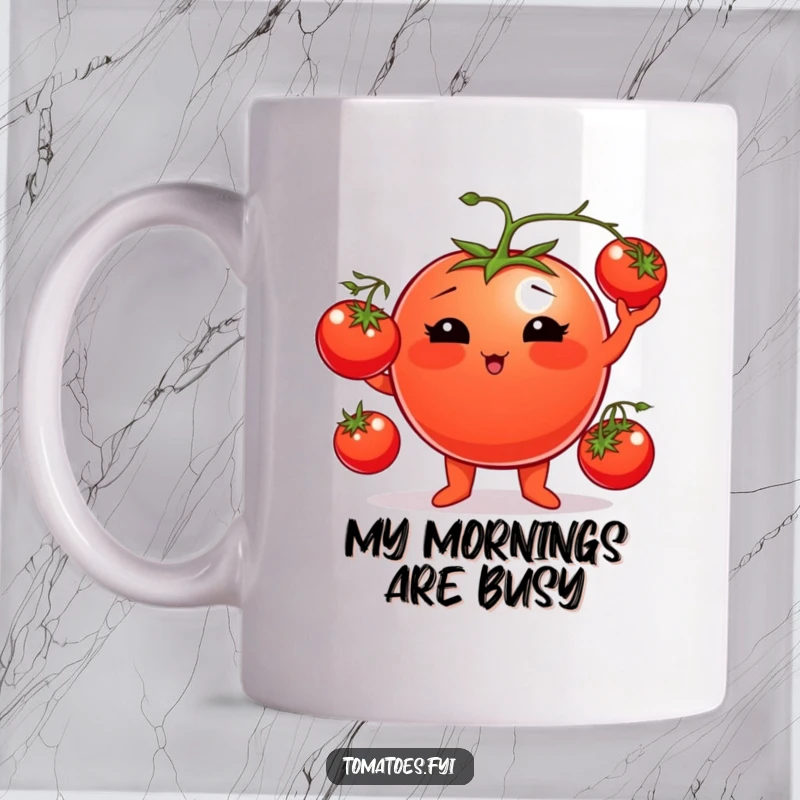 Funny tomato mug featuring a plump, rosy-cheeked tomato character expertly juggling three smaller cherry tomatoes with a smile.