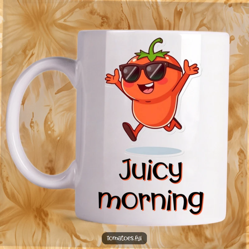 Funny mug featuring a cool tomato character wearing sunglasses, joyfully jumping with playful energy and vibrant style.
