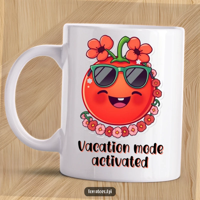 Funny smiling tomato wearing sunglasses and a lei, radiating tropical vacation vibes and cheerful personality for fruit lovers.