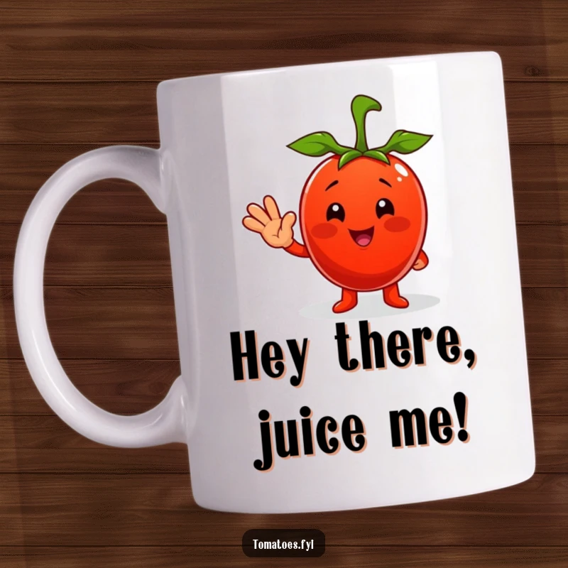 Funny mug featuring a cheerful, smiling tomato character with its arm raised in a friendly, welcoming wave.