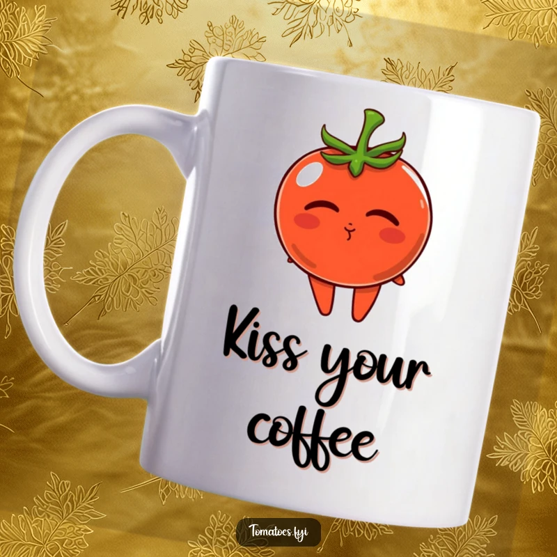 Funny mug with a cute tomato character puckering its lips and blowing a tiny, sweet kiss.