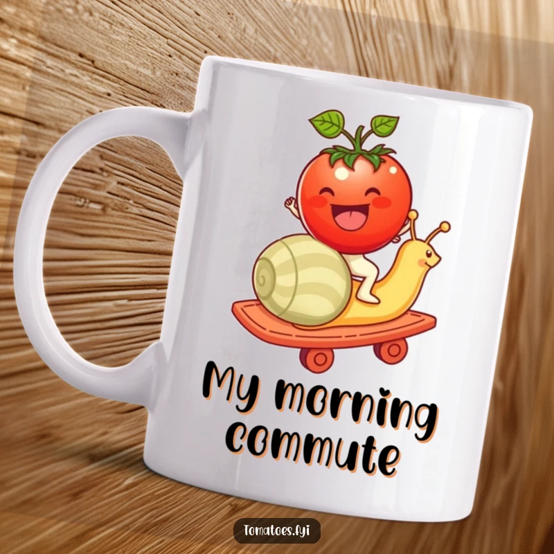 Funny tomato character joyfully riding a snail like a rollercoaster, capturing a hilarious and slow-paced thrill.