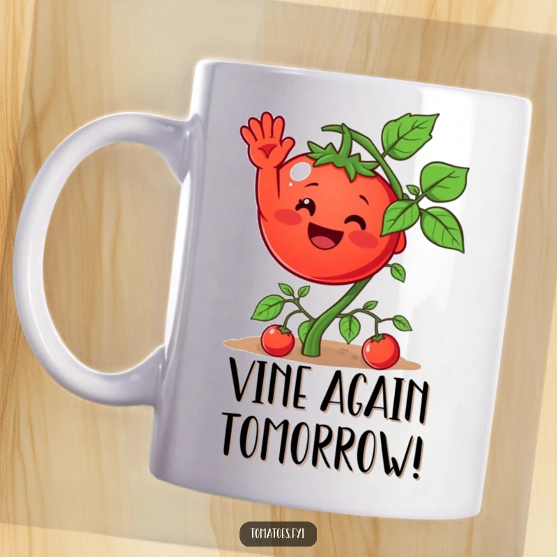 Funny mug featuring a grinning tomato character joyfully waving from its vine, a humorous veggie gift for all.