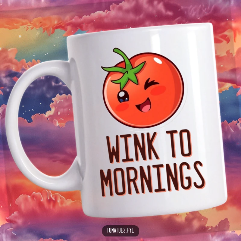 Funny Mug: A happy tomato character winks mischievously, exuding good cheer and playful charm.
