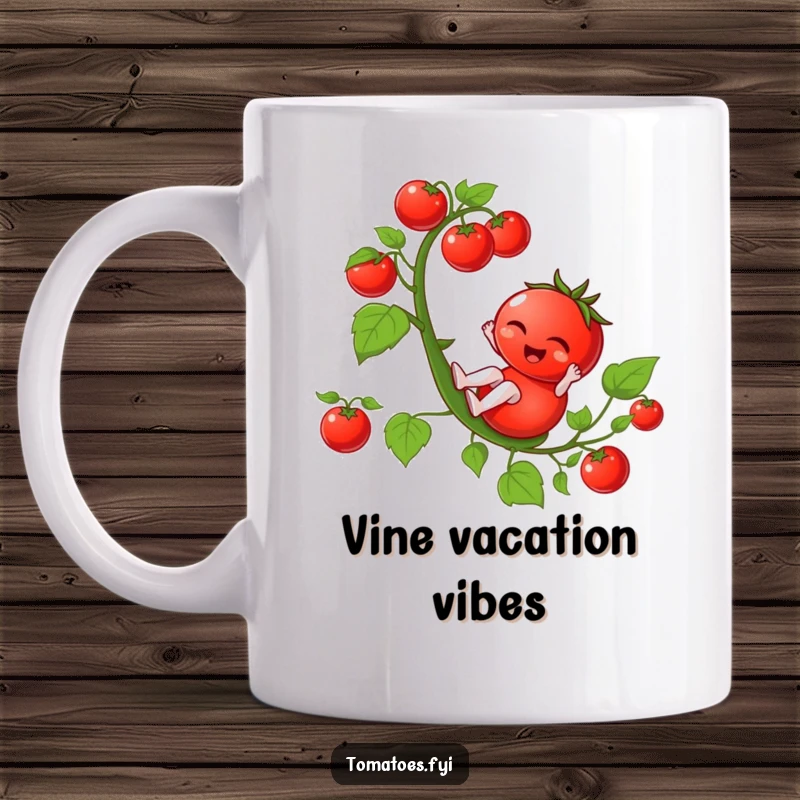 Funny winking tomato character hilariously sliding down a vibrant green tomato vine, perfect for a mug gift.