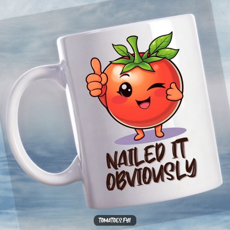 Funny mug showcasing a tomato character winking and giving a confident thumbs up, radiating positivity and charm.