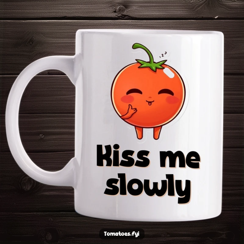 Funny mug shows a sweet tomato character with a round face blowing a kiss, conveying affection and playful charm.