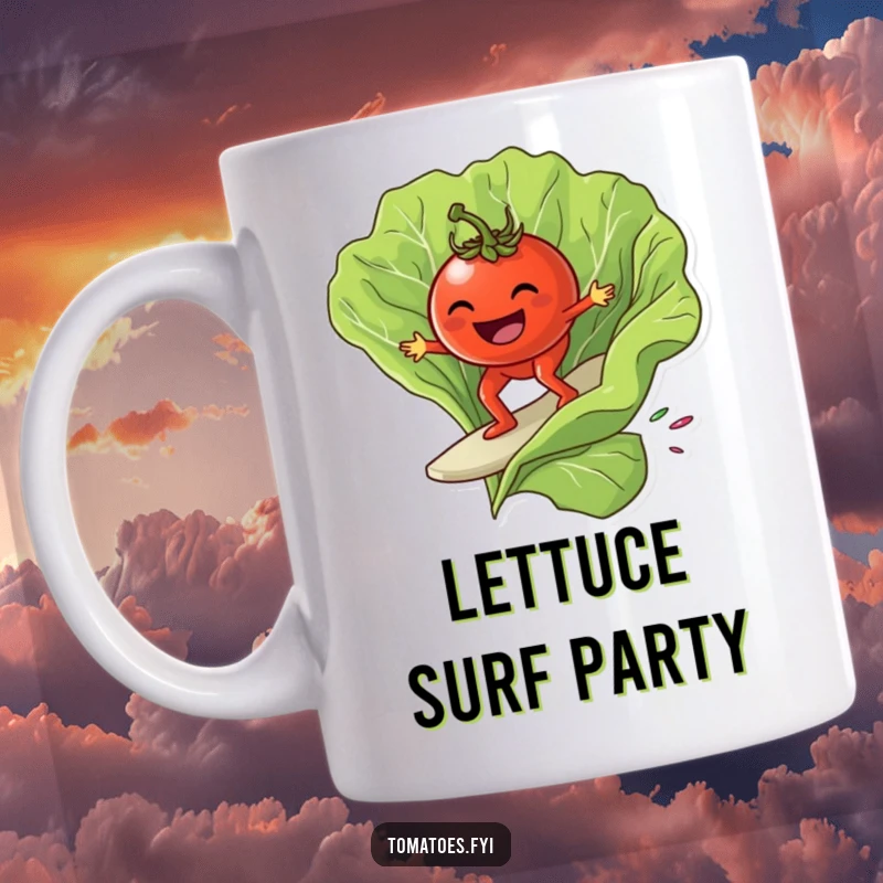 Funny grinning tomato character surfing on a giant lettuce leaf, depicted on a funny mug.