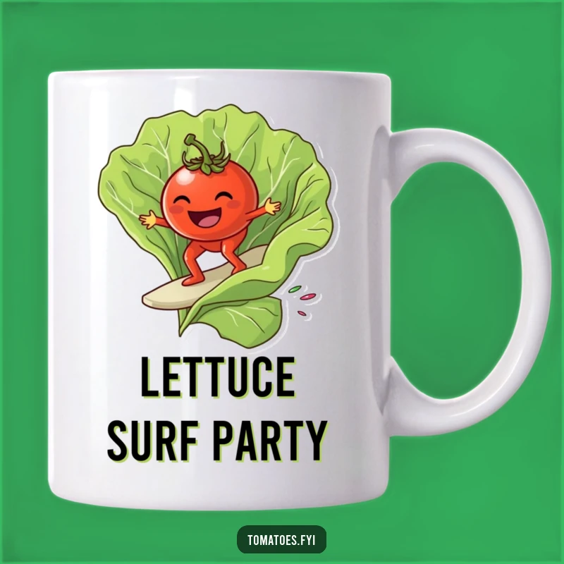 Funny Grinning Tomato Surf Mug - Lettuce Leaf Wave Rider Gift