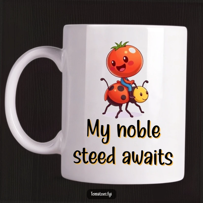 Funny mug of a tomato character comically riding a ladybug like a tiny steed, embracing whimsical and absurd humor.