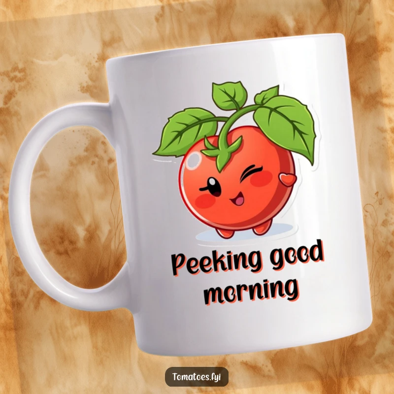 Funny mug featuring a winking tomato character playfully peeking out from behind a green leaf, conveying a sense of fun mischief.