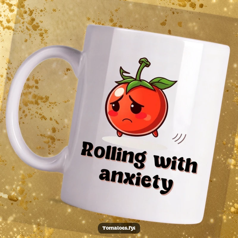 Funny mug with a worried tomato character rolling away, comically trying to escape, a humorous and relatable design.