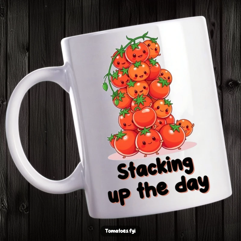 Funny tomato characters comically attempting to build a tall tower of cherry tomatoes on this mug, a humorous effort.
