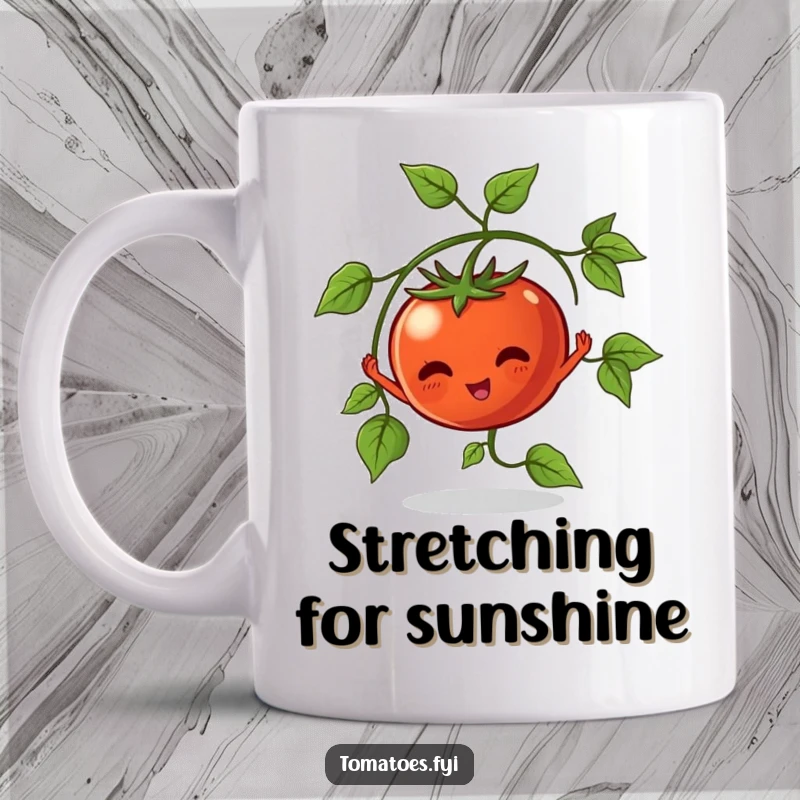 Funny Mug of a vine tomato character stretching its leaves outwards joyfully, symbolizing growth and happiness.