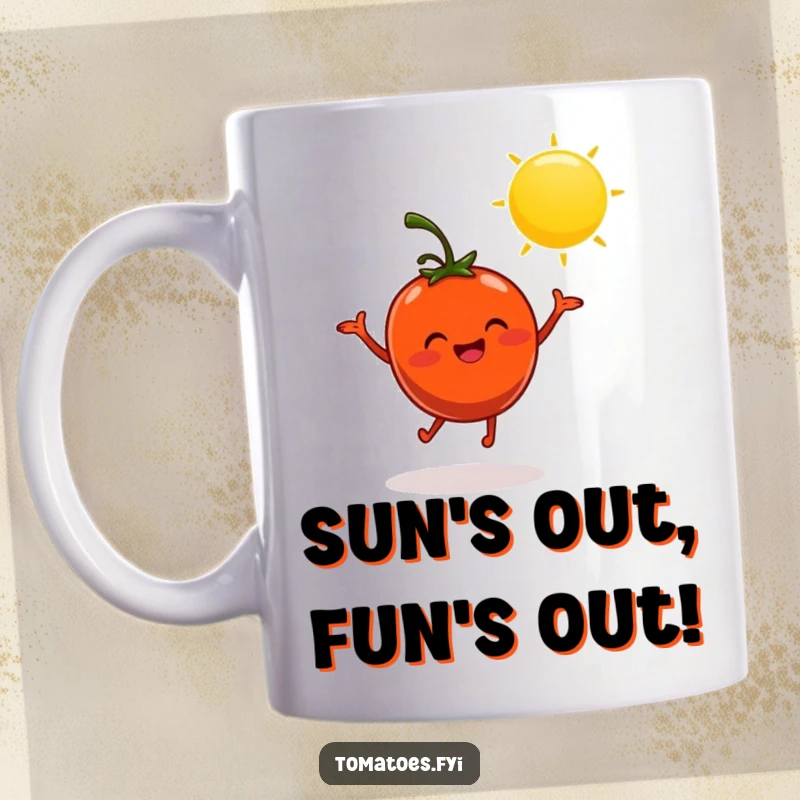 Funny mug with a cheerful tomato character dancing joyfully under the sun, spreading happiness and humor.