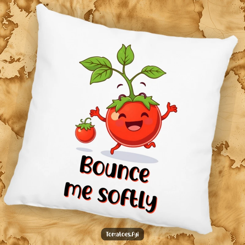 Funny pillow features a cheerful tomato character joyfully bouncing a small tomato, offering comfort and a humorous decoration for any home.
