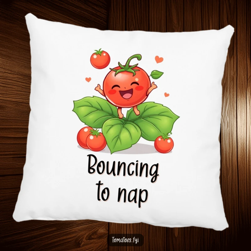 Funny Pillow: A baby tomato bounces on a leaf. A funny gift.