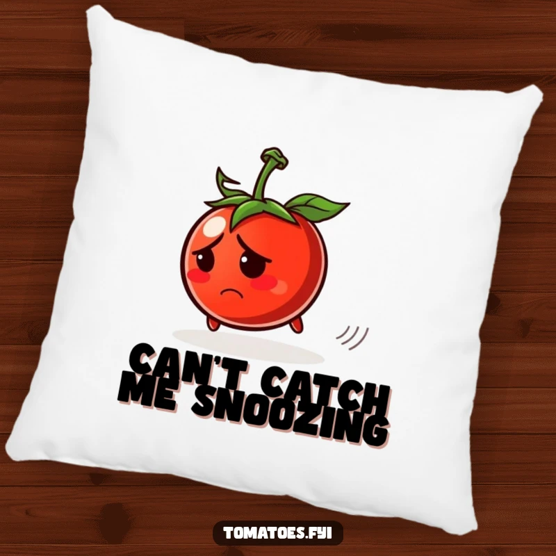 Funny pillow with a worried tomato character rolling away, offering relatable comfort and humor.