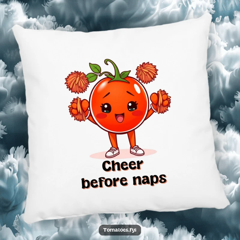 Funny pillow with a determined tomato character cheering with pom-poms, offering comfort and a humorous, spirited decorative accent.