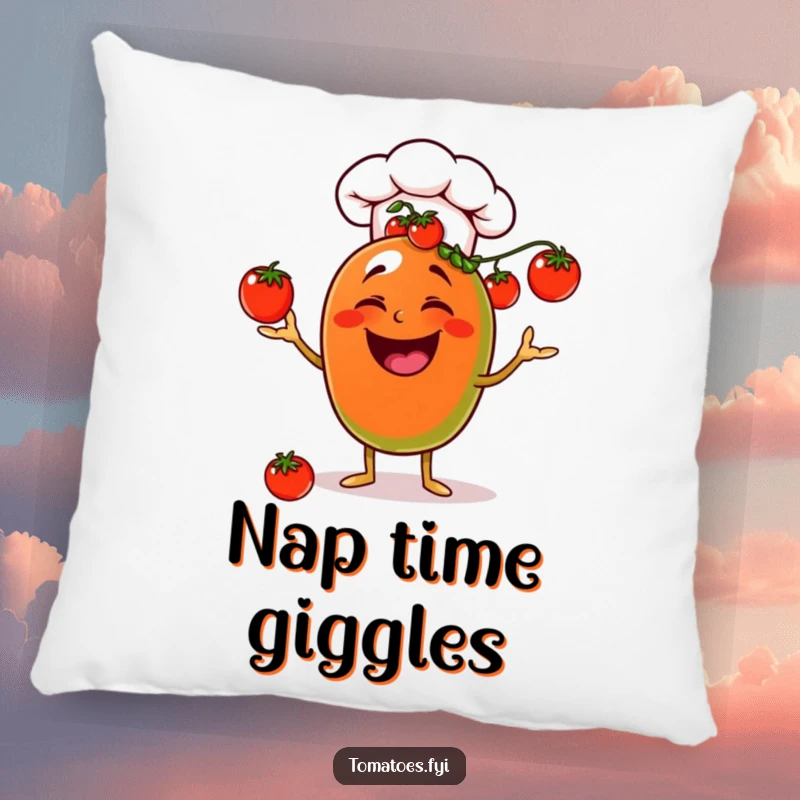 Funny laughing chef tomato pillow, juggling cherry tomatoes with a chef hat, soft and humorous accent.