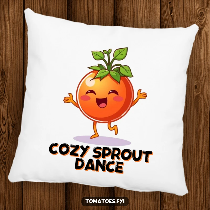 Funny cheerful tomato character doing a happy jig with sprouts, on a soft and funny pillow.