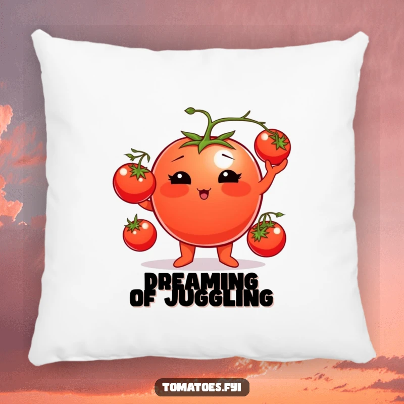 Funny tomato pillow featuring a plump, rosy-cheeked tomato character juggling cherry tomatoes, offering soft comfort and humor.