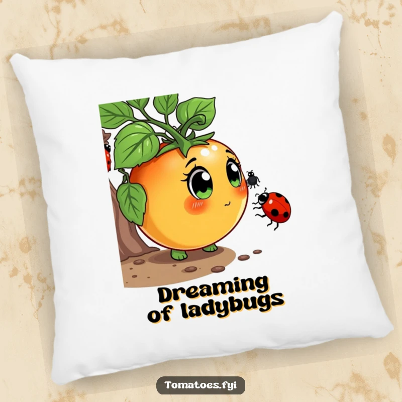 Funny Pillow featuring a curious tomato character with wide eyes, sniffing a ladybug, adding humorous comfort to living spaces.