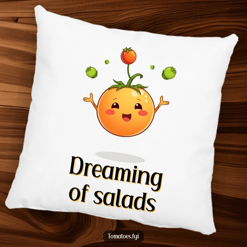 Funny pillow featuring a jubilant tomato character juggling small green sprouts, offering comfort and a touch of garden whimsy.