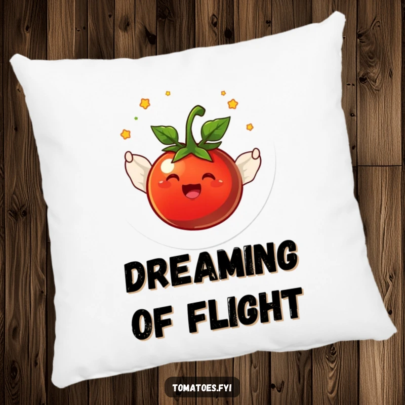 Funny joyful tomato character with tiny wings flying in a circle on a plush, comfortable throw pillow.