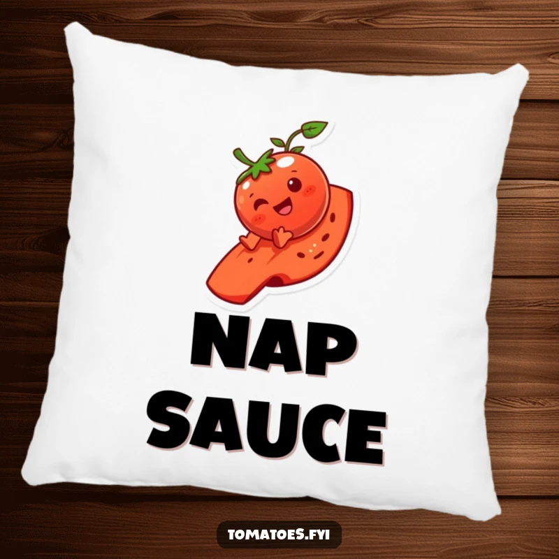 Funny tomato character pillow, depicted giggling while sliding down a tomato slice, offering plush comfort and humor.