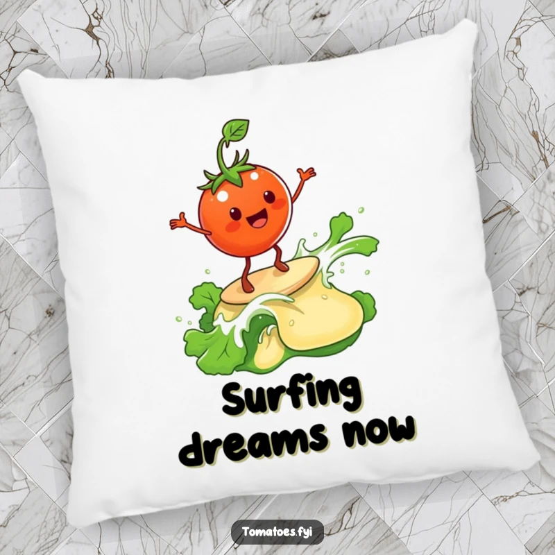 Funny Pillow: A tomato surfs a wave of salad dressing. A funny gift.