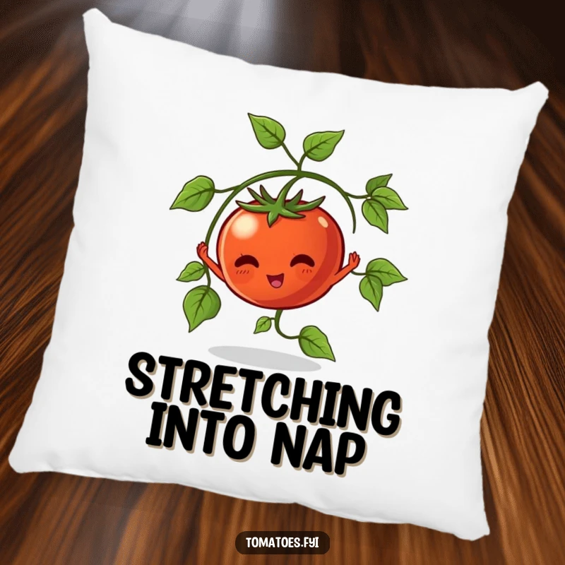 Funny Pillow featuring a vine tomato character stretching its leaves, offering comfort and humorous garden vibes.