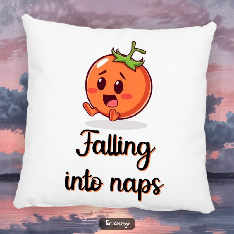 Funny Pillow featuring a surprised tomato character comically tumbling with a smile, adding humorous comfort to living spaces.