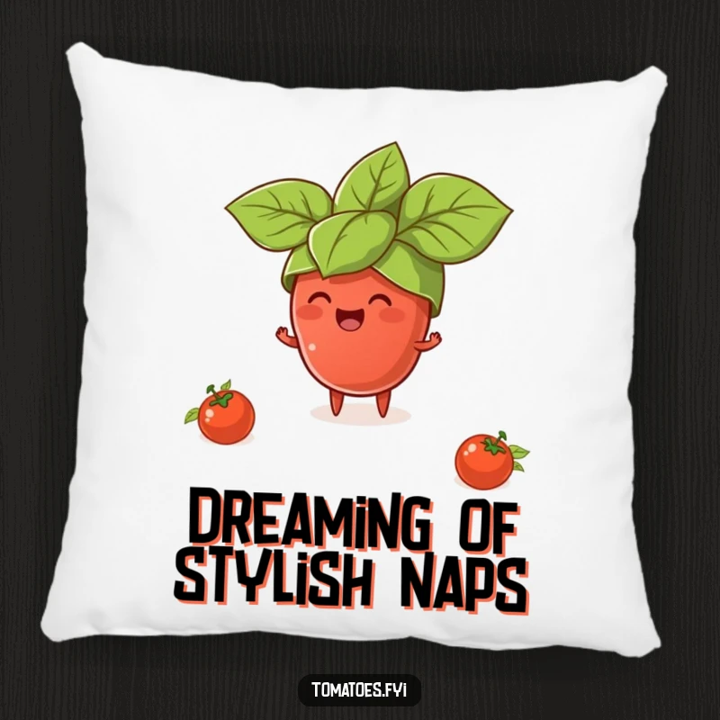 Funny pillow depicting a tiny tomato character wearing a giant basil leaf hat, cozy and comedic food-themed decor.