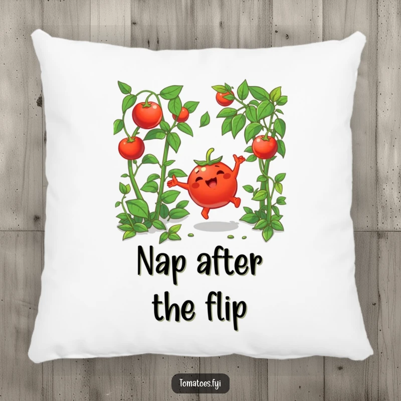 Funny pillow with a joyful cartoon tomato mid-cartwheel in greenery, offering comfort and a touch of playful delight.