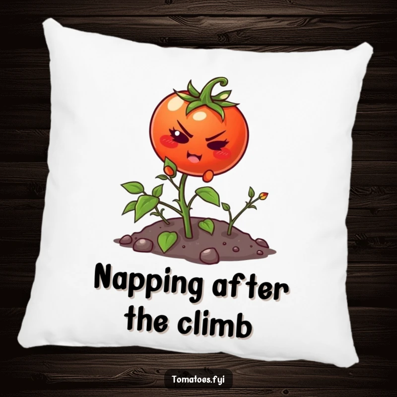 Funny pillow featuring a cartoon tomato diligently climbing a small weed, offering comfort and a message of achievement.