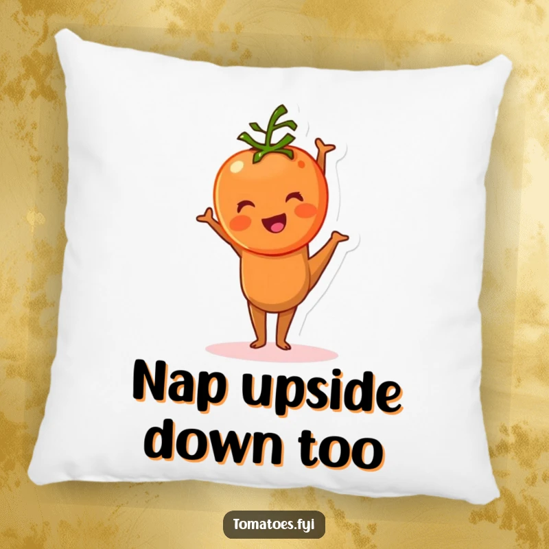 Funny tomato character comically trying to balance in a handstand on this pillow, a humorous and soft accent.