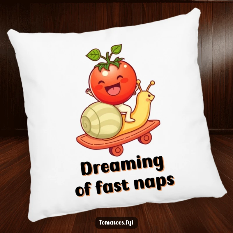 Funny tomato character riding a snail as a rollercoaster on this pillow, offering humorous and soft decor.