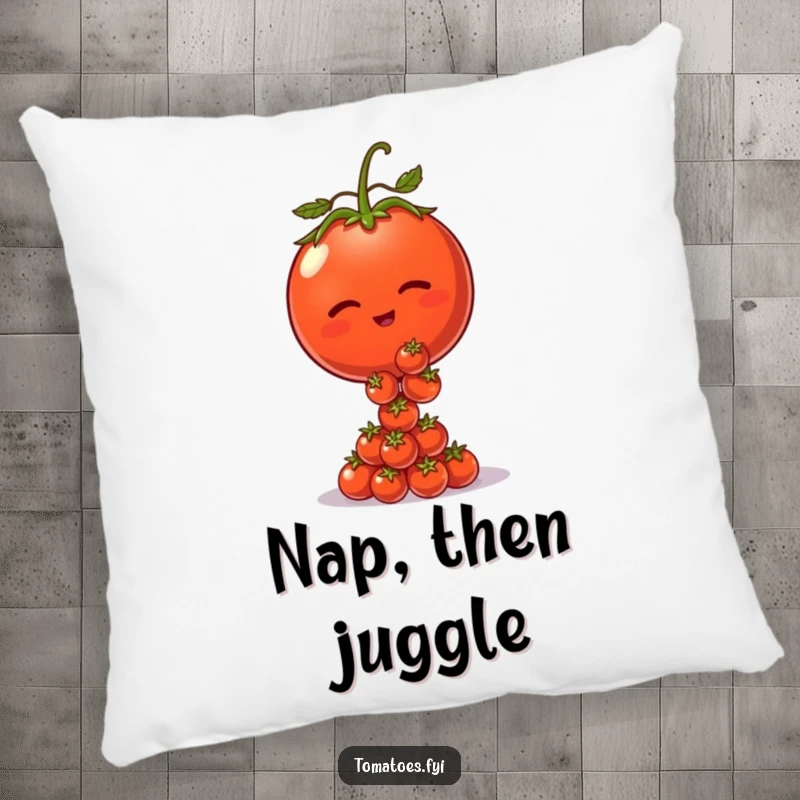 Funny pillow featuring a winking tomato character balancing tiny tomatoes, perfect for comfort and adding humor.