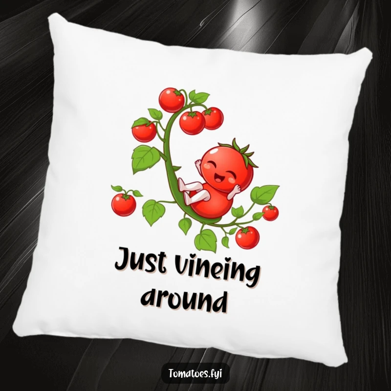 Funny winking tomato character sliding down a tomato vine, on a soft and funny decorative pillow.