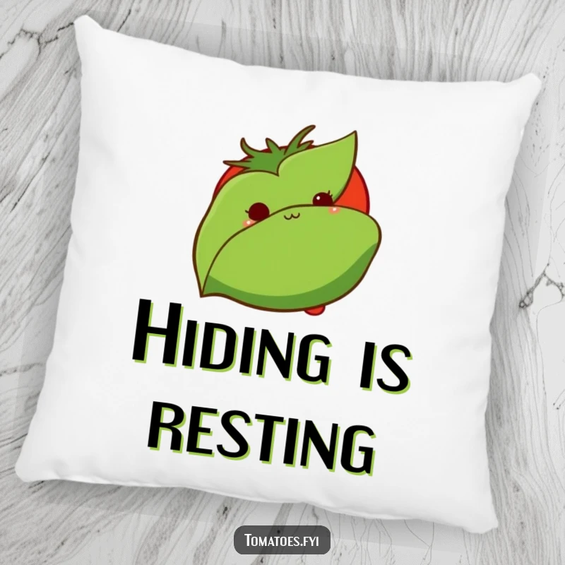 Funny pillow features a shy tomato peeking from behind a leaf, offering comfort and a humorous touch for introverted decor.