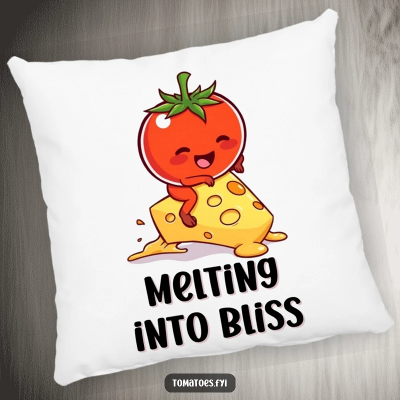 Funny kawaii tomato character hilariously attempting to ride a melting cheese slice on a soft pillow.