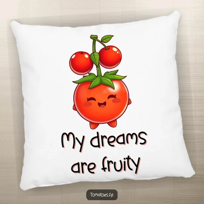 Funny tomato character comically trying to fit a cherry on its head as a hat, on a soft pillow.