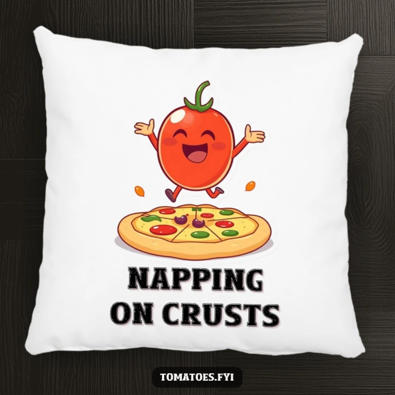 Funny cheerful tomato character joyfully bouncing on a giant pizza crust on a soft pillow.
