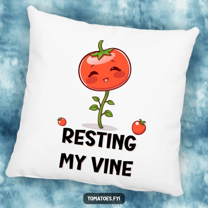 Funny pillow with a blushing tomato character comically attempting to balance on its stem, offering soft comfort and quirky charm.