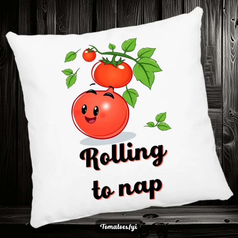 Funny tomato pillow featuring a smiling tomato character joyfully rolling down a vine, offering soft comfort and playful charm.