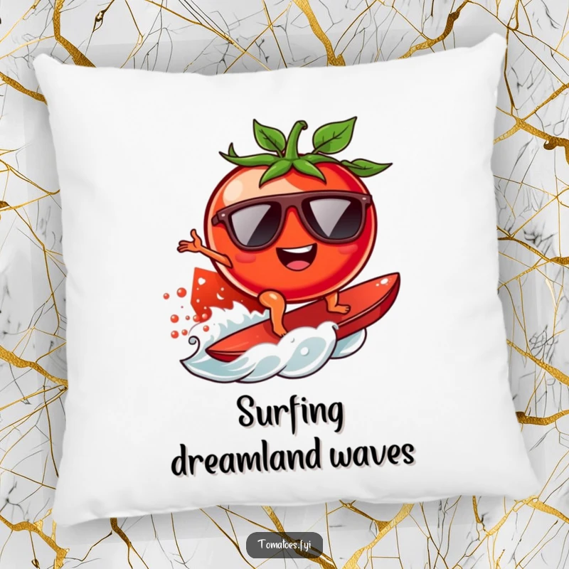 Funny surfing tomato pillow featuring a cool tomato with sunglasses riding a juicy tomato wave, offering soft comfort and beachy humor.