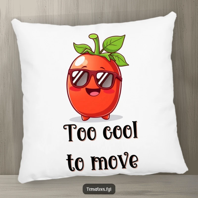 Funny Tomato Sunglasses Pillow: A soft pillow featuring a cool tomato character wearing sunglasses on a sunny day.