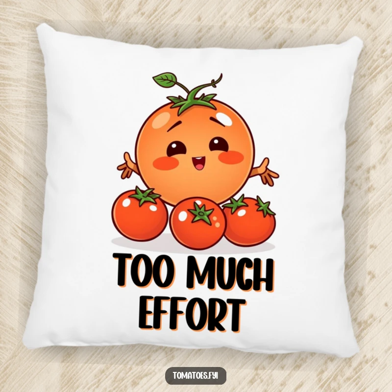 Funny tomato character comically juggling smaller tomatoes on a plush, comfortable throw pillow.