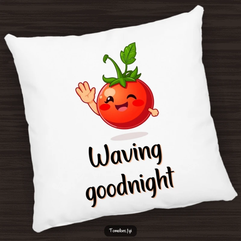 Funny pillow with a smiling tomato character giving a friendly wave, offering comfort and a humorous, welcoming decorative accent.
